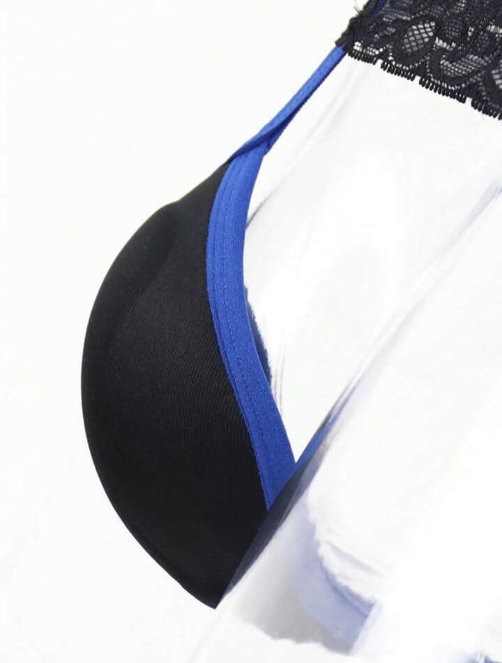 Fashionable Black Cup With Vibrant Blue Trim, Black Waistband With Lace Trim Men's Lingerie